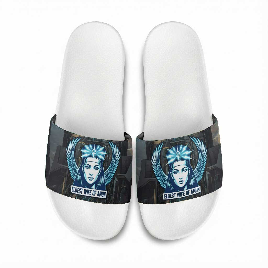 Wosret Winged Crown Slide Sandals Egyptian Cyber Circuit Design in Futuristic Blue Theme