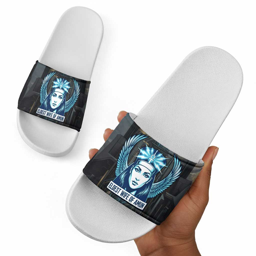 Wosret Winged Crown Slide Sandals Egyptian Cyber Circuit Design in Futuristic Blue Theme