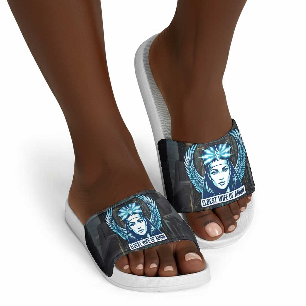 Wosret Winged Crown Slide Sandals Egyptian Cyber Circuit Design in Futuristic Blue Theme