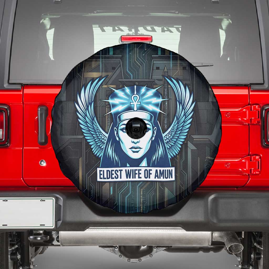Wosret Winged Crown Spare Tire Cover Egyptian Cyber Circuit Design in Futuristic Blue Theme