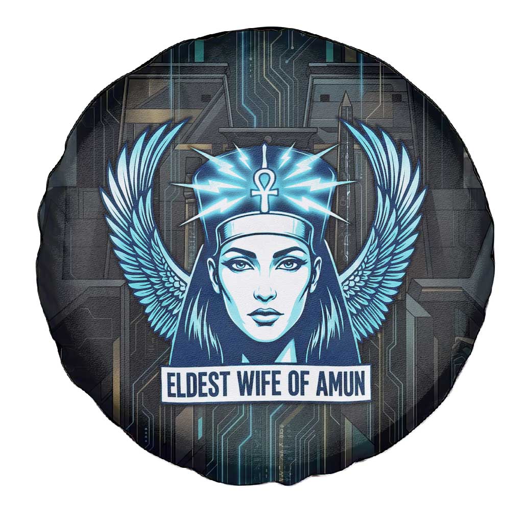 Wosret Winged Crown Spare Tire Cover Egyptian Cyber Circuit Design in Futuristic Blue Theme