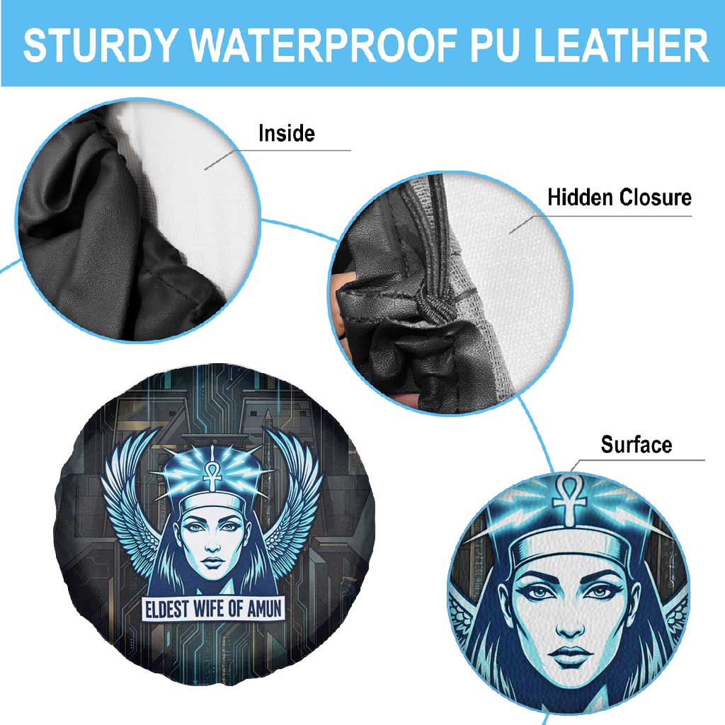 Wosret Winged Crown Spare Tire Cover Egyptian Cyber Circuit Design in Futuristic Blue Theme