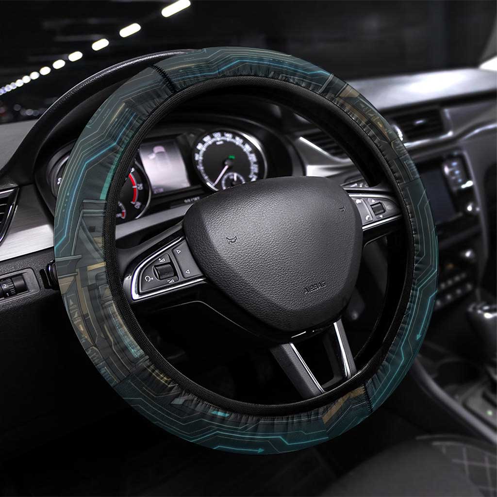 Wosret Winged Crown Steering Wheel Cover Egyptian Cyber Circuit Design in Futuristic Blue Theme