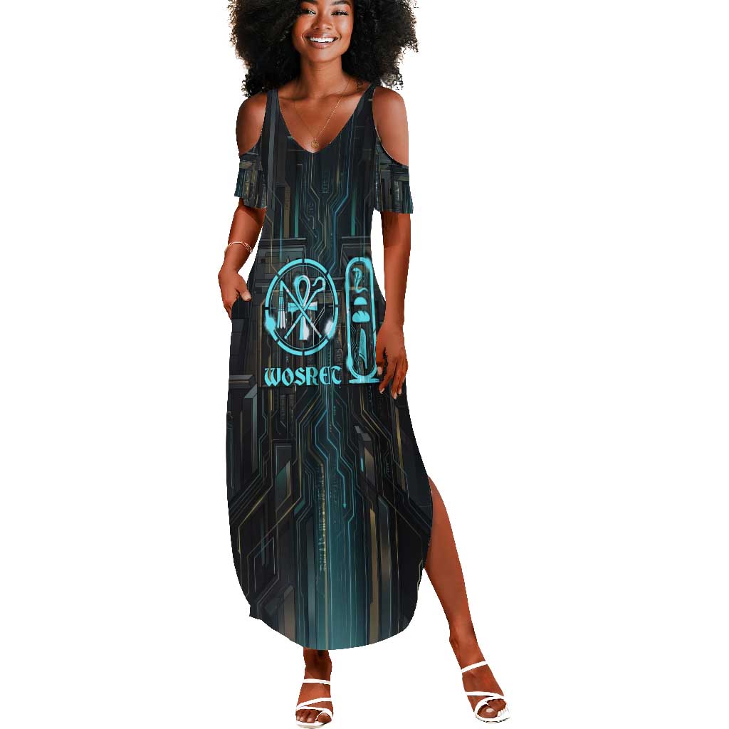 Wosret Winged Crown Summer Maxi Dress Egyptian Cyber Circuit Design in Futuristic Blue Theme
