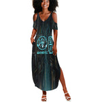 Wosret Winged Crown Summer Maxi Dress Egyptian Cyber Circuit Design in Futuristic Blue Theme