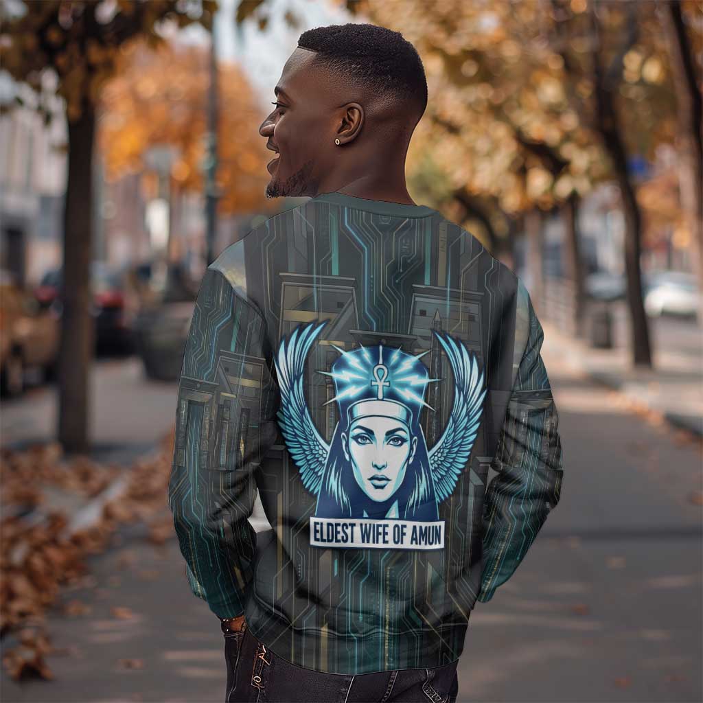 Wosret Winged Crown Sweatshirt Egyptian Cyber Circuit Design in Futuristic Blue Theme