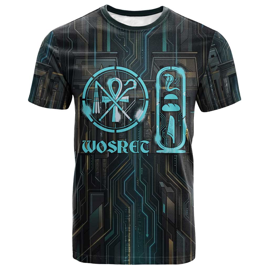 Wosret Winged Crown T shirt Egyptian Cyber Circuit Design in Futuristic Blue Theme