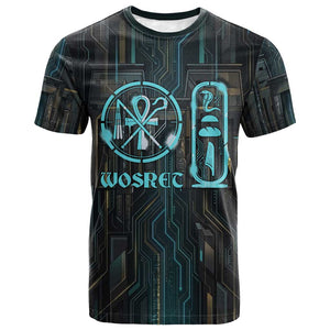 Wosret Winged Crown T shirt Egyptian Cyber Circuit Design in Futuristic Blue Theme