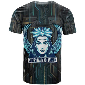 Wosret Winged Crown T shirt Egyptian Cyber Circuit Design in Futuristic Blue Theme