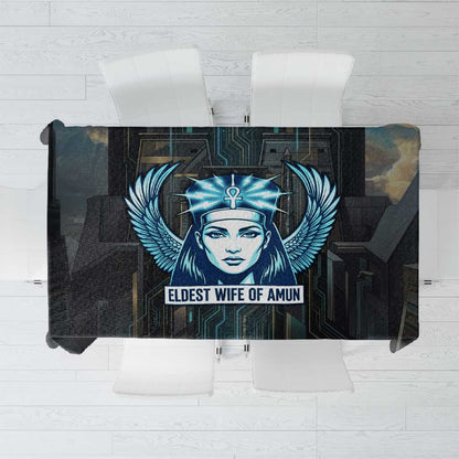 Wosret Winged Crown Tablecloth Egyptian Cyber Circuit Design in Futuristic Blue Theme