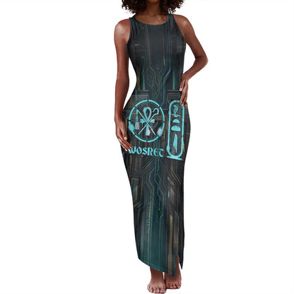Wosret Winged Crown Tank Maxi Dress Egyptian Cyber Circuit Design in Futuristic Blue Theme