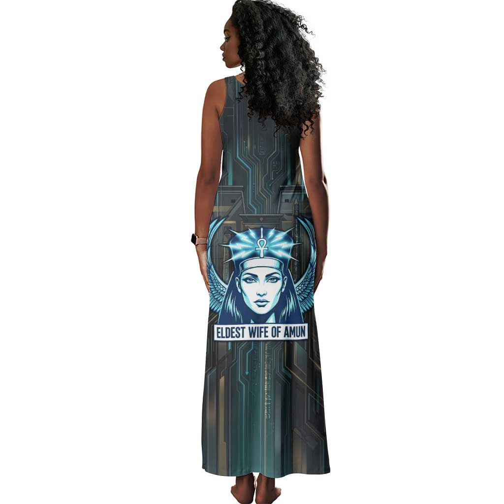 Wosret Winged Crown Tank Maxi Dress Egyptian Cyber Circuit Design in Futuristic Blue Theme
