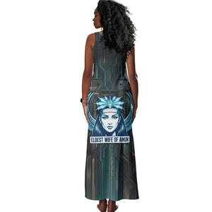 Wosret Winged Crown Tank Maxi Dress Egyptian Cyber Circuit Design in Futuristic Blue Theme