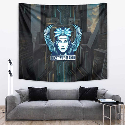 Wosret Winged Crown Tapestry Egyptian Cyber Circuit Design in Futuristic Blue Theme
