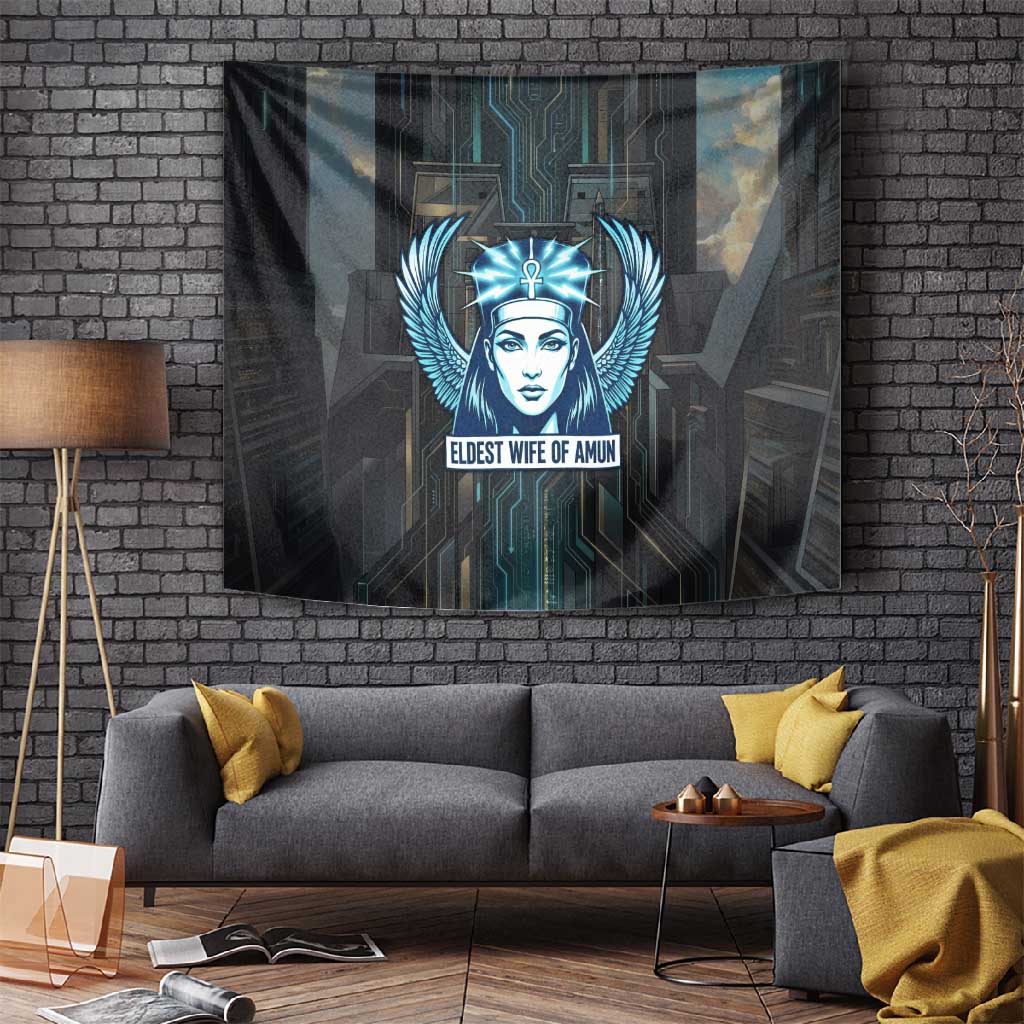 Wosret Winged Crown Tapestry Egyptian Cyber Circuit Design in Futuristic Blue Theme