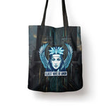 Wosret Winged Crown Tote Bag Egyptian Cyber Circuit Design in Futuristic Blue Theme