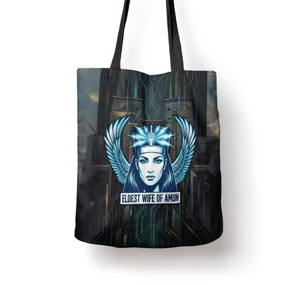 Wosret Winged Crown Tote Bag Egyptian Cyber Circuit Design in Futuristic Blue Theme