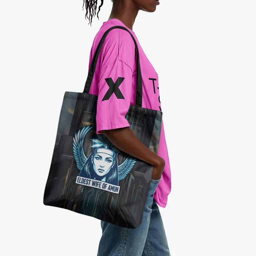Wosret Winged Crown Tote Bag Egyptian Cyber Circuit Design in Futuristic Blue Theme