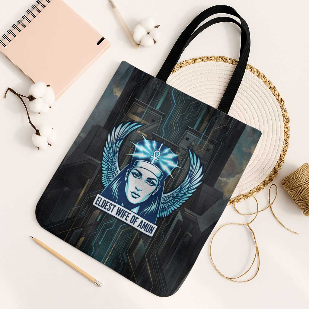 Wosret Winged Crown Tote Bag Egyptian Cyber Circuit Design in Futuristic Blue Theme
