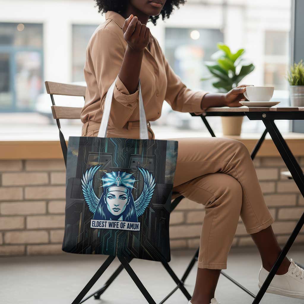Wosret Winged Crown Tote Bag Egyptian Cyber Circuit Design in Futuristic Blue Theme