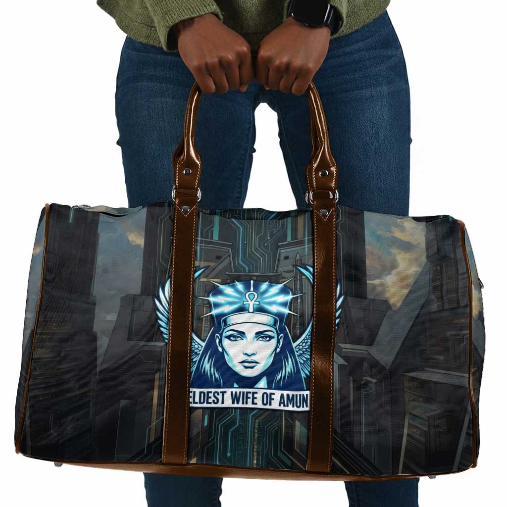 Wosret Winged Crown Travel Bag Egyptian Cyber Circuit Design in Futuristic Blue Theme