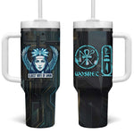Wosret Winged Crown Tumbler With Handle Egyptian Cyber Circuit Design in Futuristic Blue Theme