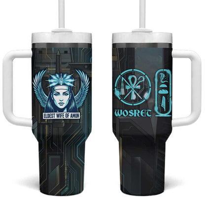 Wosret Winged Crown Tumbler With Handle Egyptian Cyber Circuit Design in Futuristic Blue Theme
