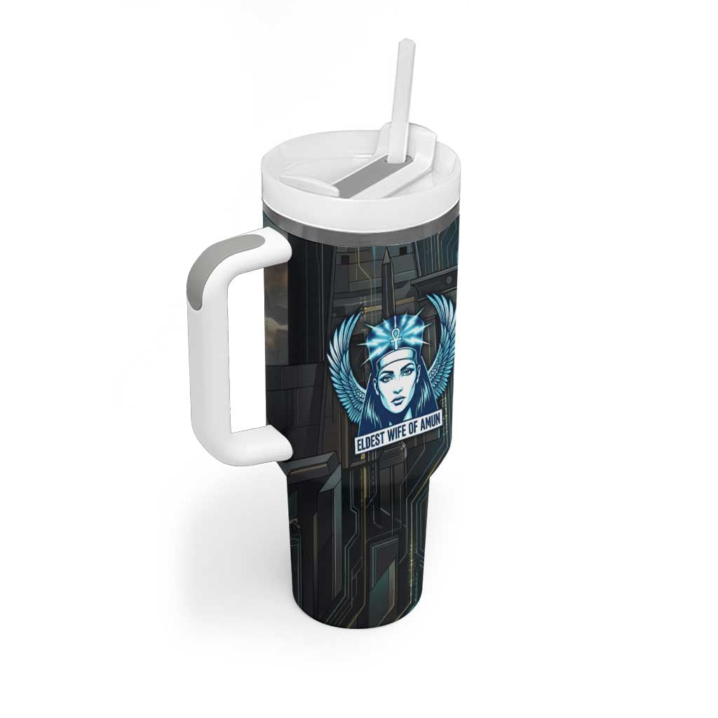 Wosret Winged Crown Tumbler With Handle Egyptian Cyber Circuit Design in Futuristic Blue Theme