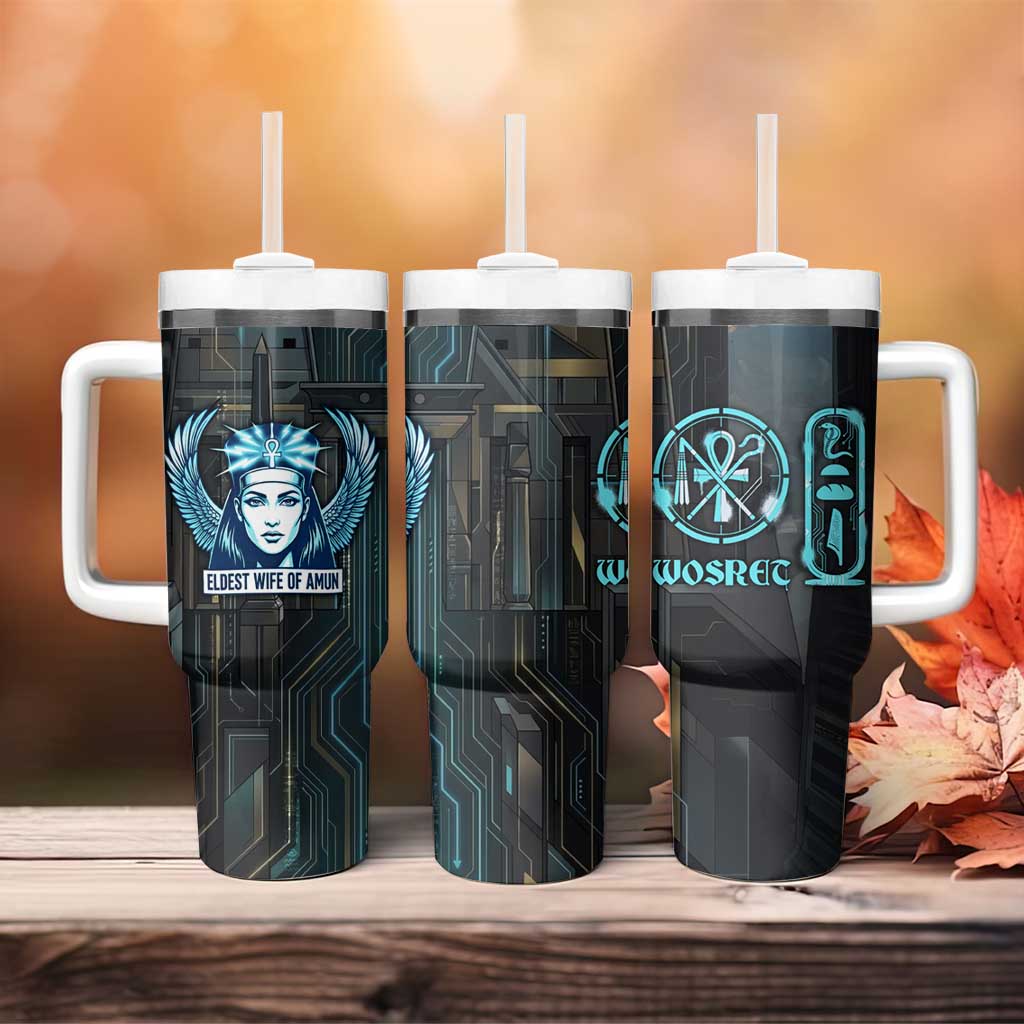 Wosret Winged Crown Tumbler With Handle Egyptian Cyber Circuit Design in Futuristic Blue Theme