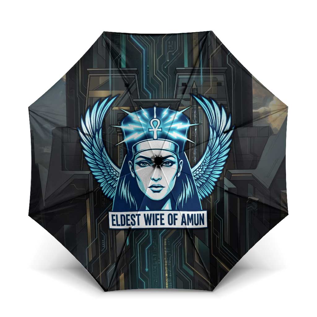 Wosret Winged Crown Umbrella Egyptian Cyber Circuit Design in Futuristic Blue Theme