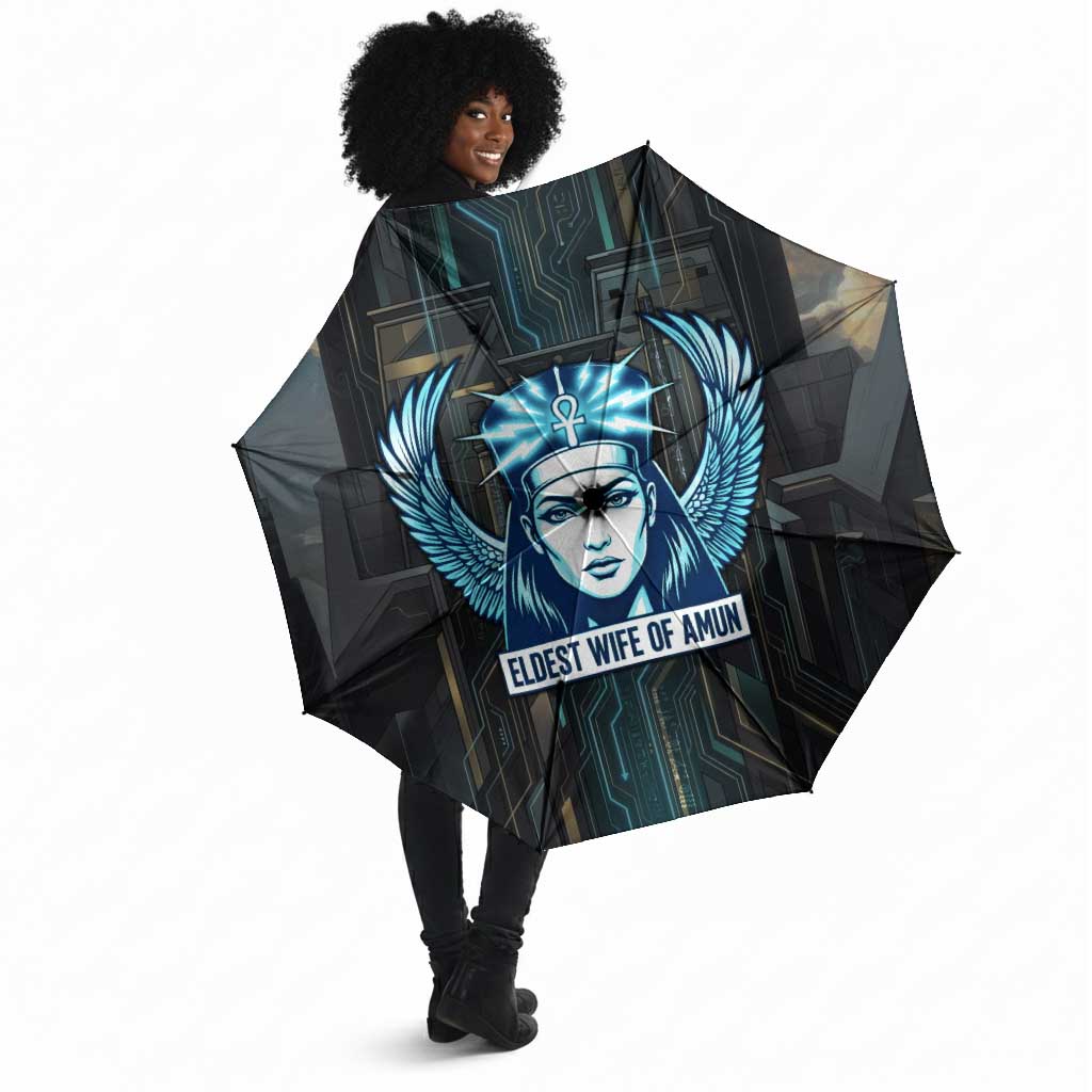 Wosret Winged Crown Umbrella Egyptian Cyber Circuit Design in Futuristic Blue Theme
