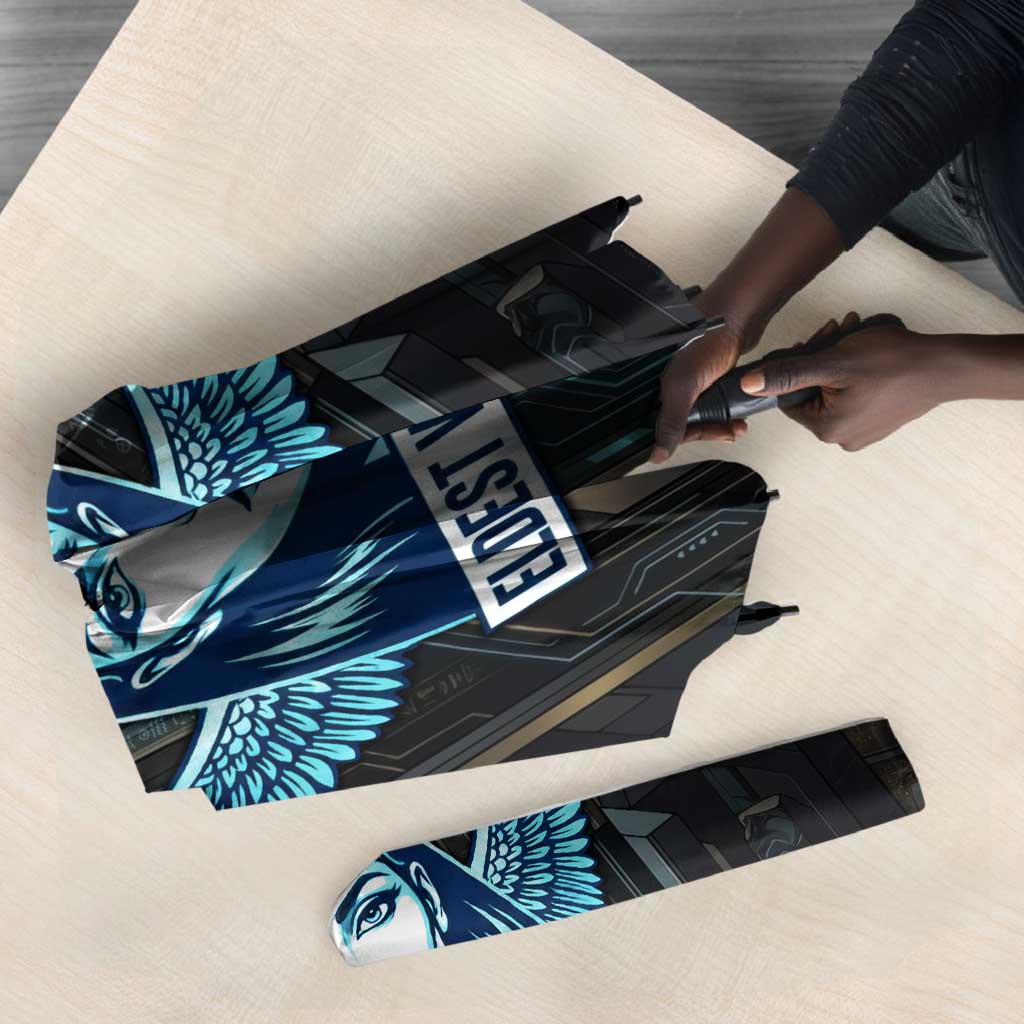 Wosret Winged Crown Umbrella Egyptian Cyber Circuit Design in Futuristic Blue Theme