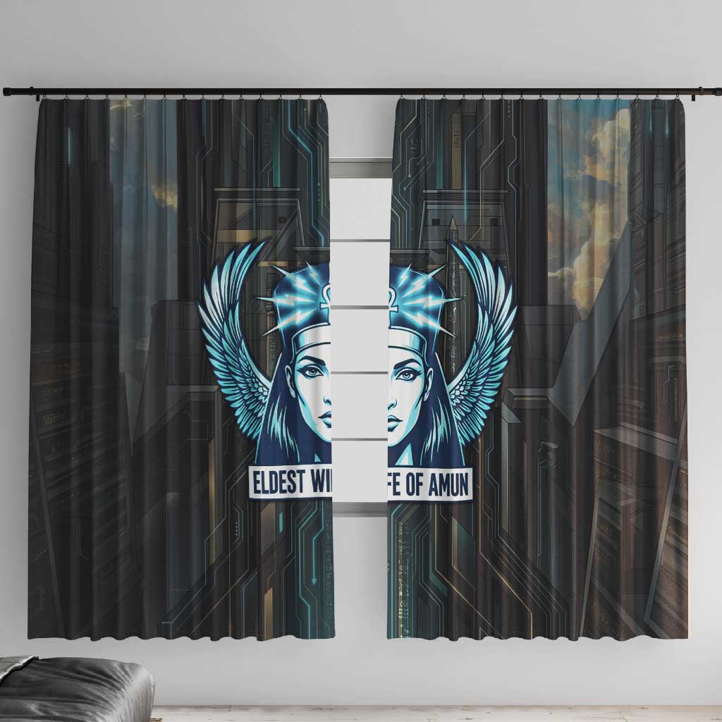 Wosret Winged Crown Window Curtain Egyptian Cyber Circuit Design in Futuristic Blue Theme