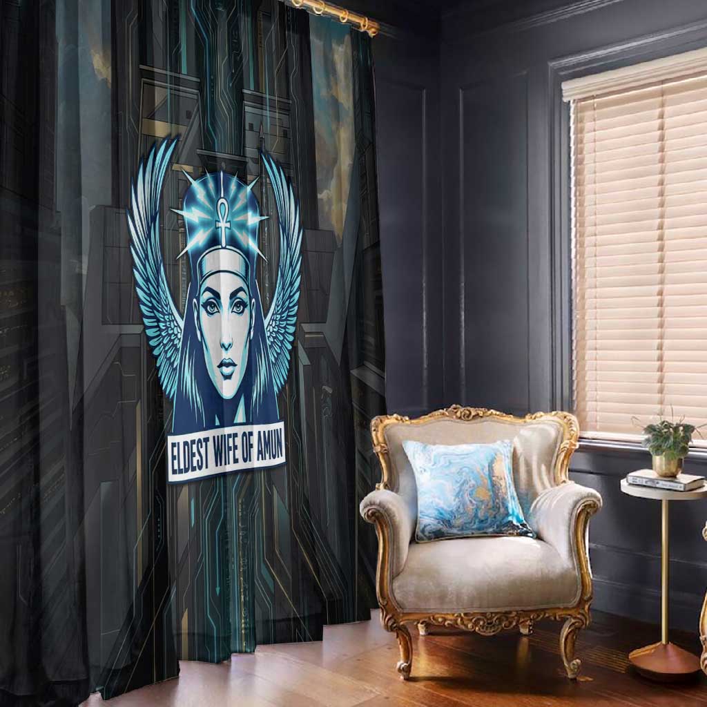 Wosret Winged Crown Window Curtain Egyptian Cyber Circuit Design in Futuristic Blue Theme