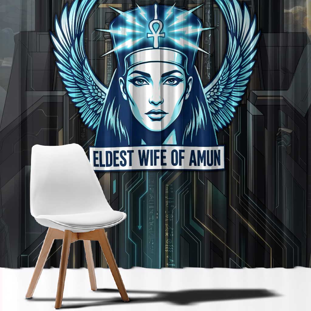 Wosret Winged Crown Window Curtain Egyptian Cyber Circuit Design in Futuristic Blue Theme