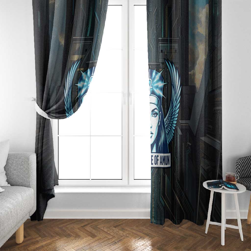 Wosret Winged Crown Window Curtain Egyptian Cyber Circuit Design in Futuristic Blue Theme