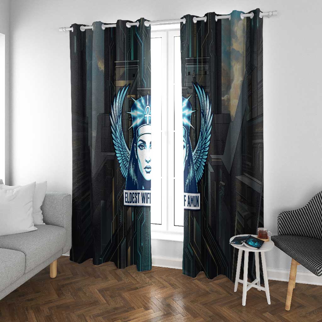 Wosret Winged Crown Window Curtain Egyptian Cyber Circuit Design in Futuristic Blue Theme