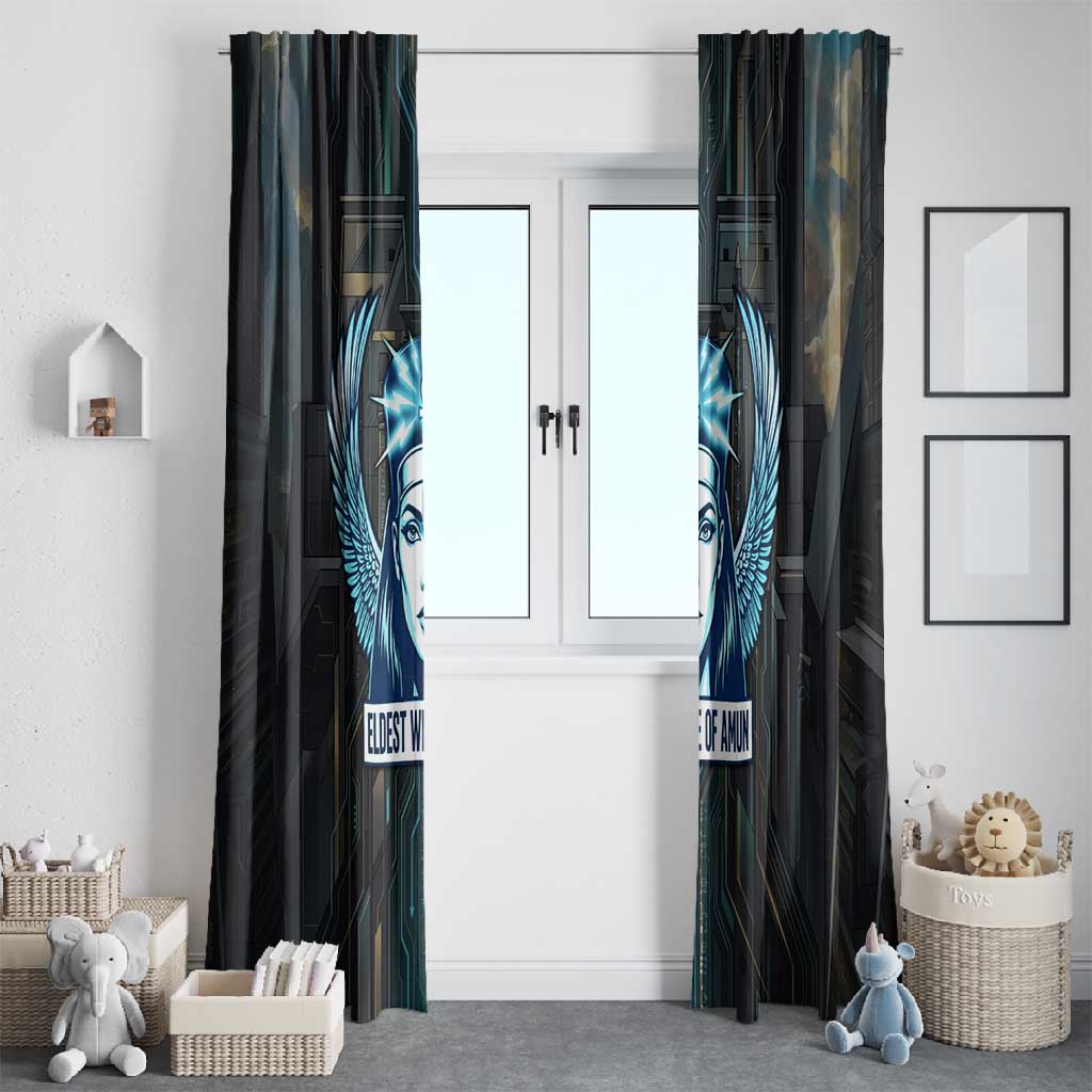 Wosret Winged Crown Window Curtain Egyptian Cyber Circuit Design in Futuristic Blue Theme
