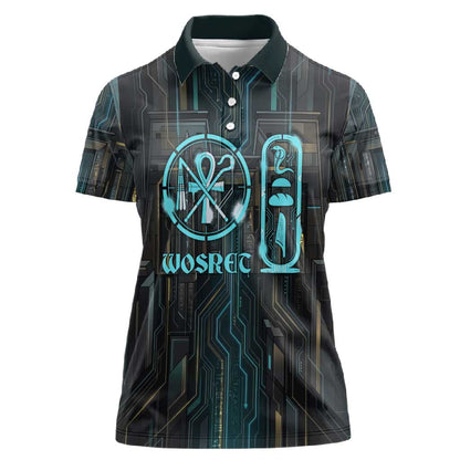 Wosret Winged Crown Women Polo Shirt Egyptian Cyber Circuit Design in Futuristic Blue Theme