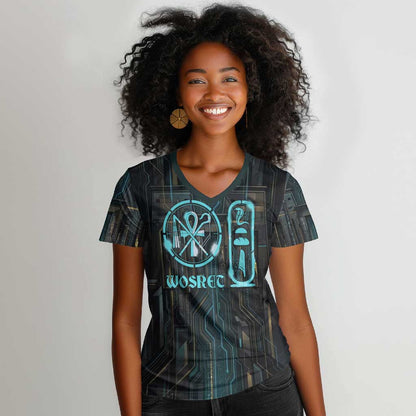 Wosret Winged Crown Women V-Neck T-Shirt Egyptian Cyber Circuit Design in Futuristic Blue Theme