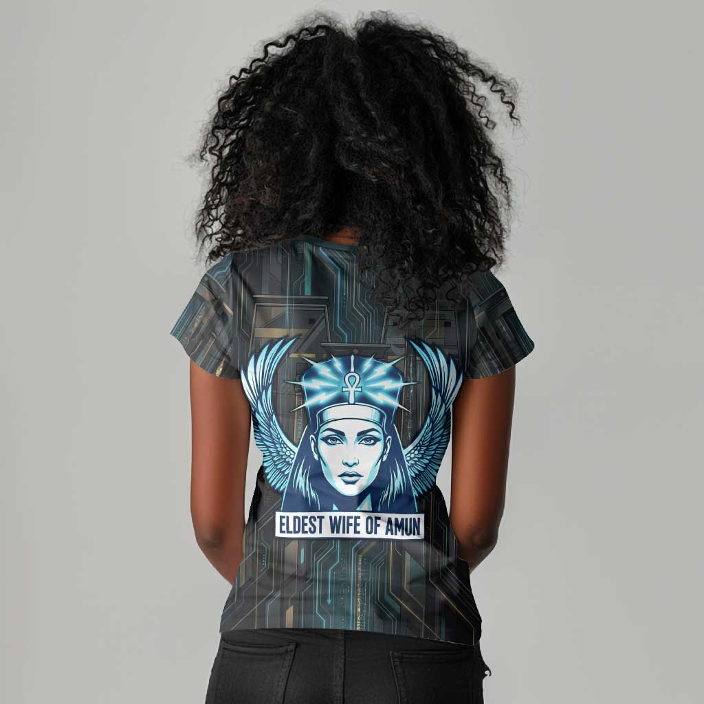 Wosret Winged Crown Women V-Neck T-Shirt Egyptian Cyber Circuit Design in Futuristic Blue Theme