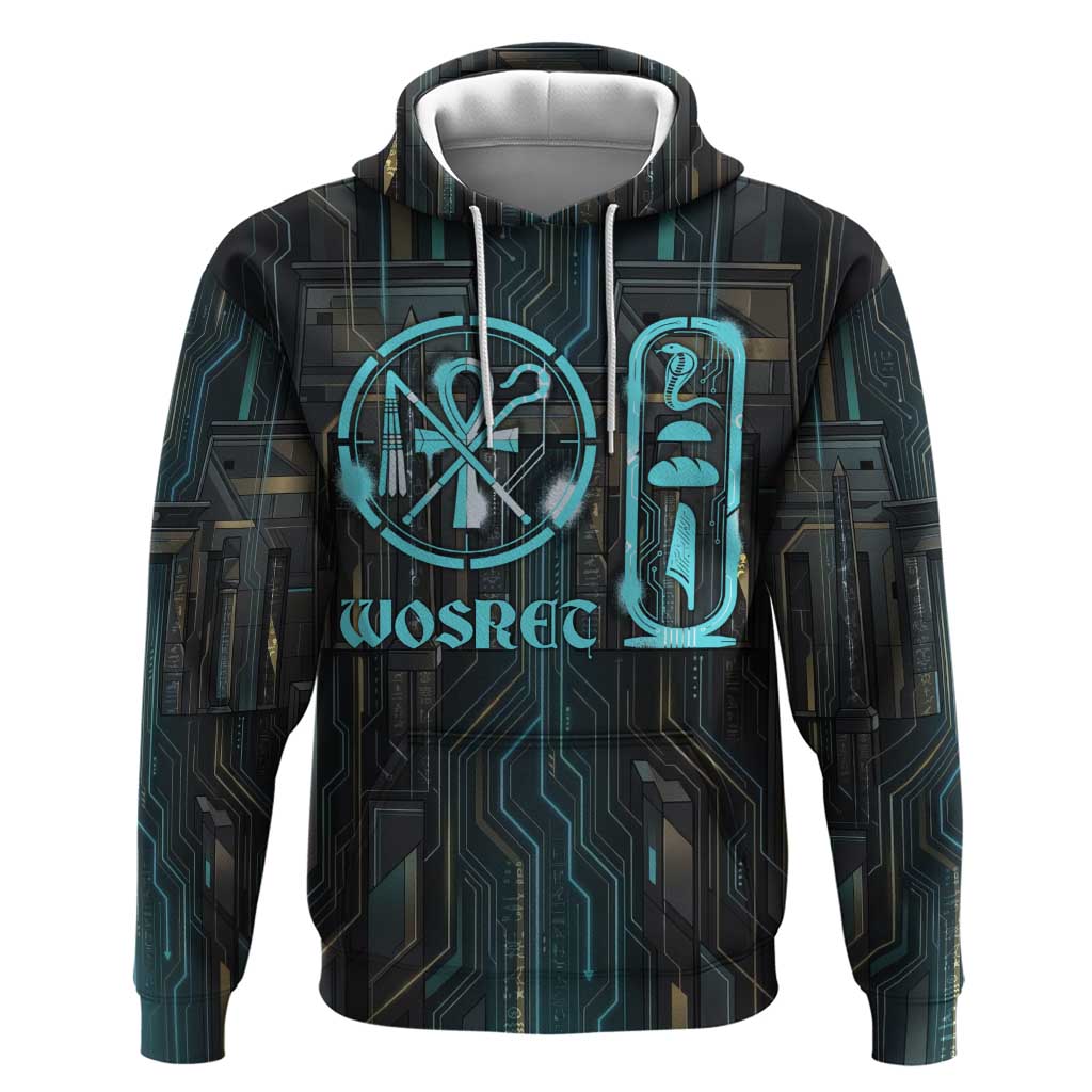 Wosret Winged Crown Zip Hoodie Egyptian Cyber Circuit Design in Futuristic Blue Theme