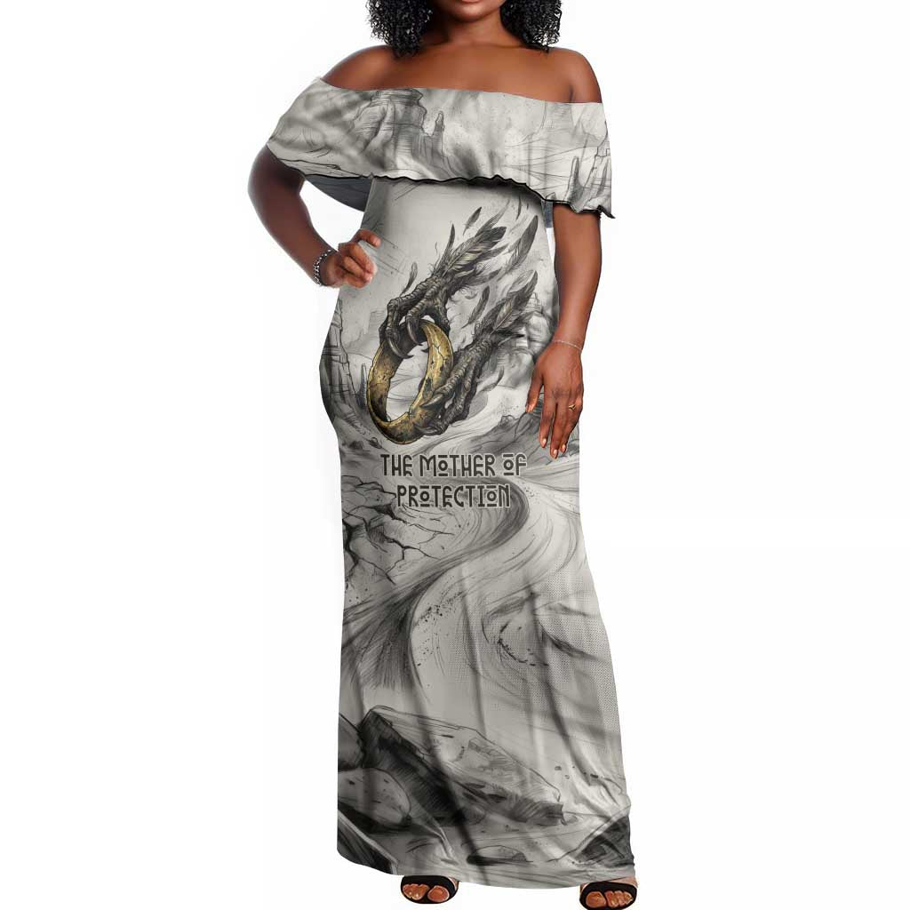 Nekhbet Egyptian Off Shoulder Maxi Dress Vulture Goddess Mother of Protection Wings Claws Desert