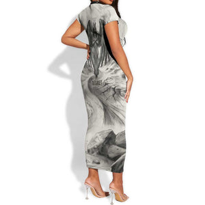 Nekhbet Egyptian Short Sleeve Bodycon Dress Vulture Goddess Mother of Protection Wings Claws Desert