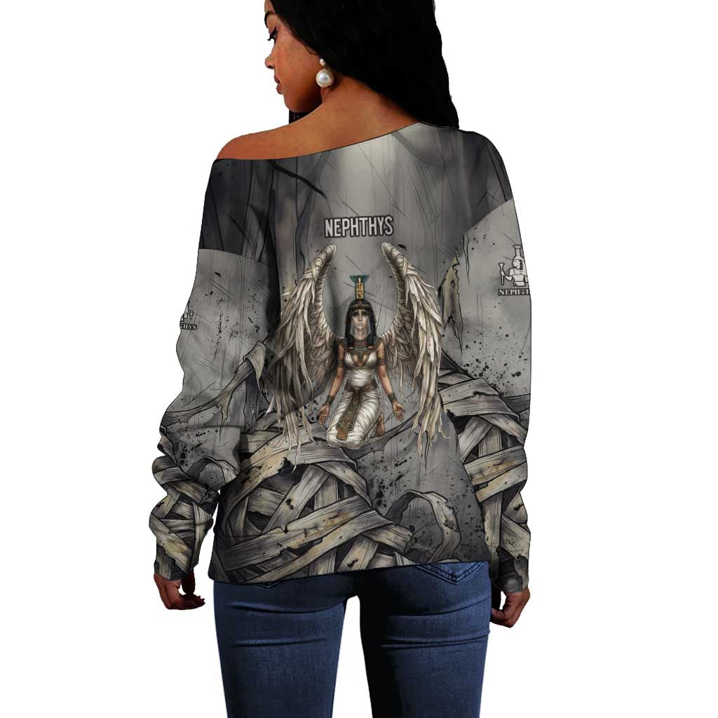 Nephthys Off Shoulder Sweater Mistress of the House Egyptian Goddess Wings