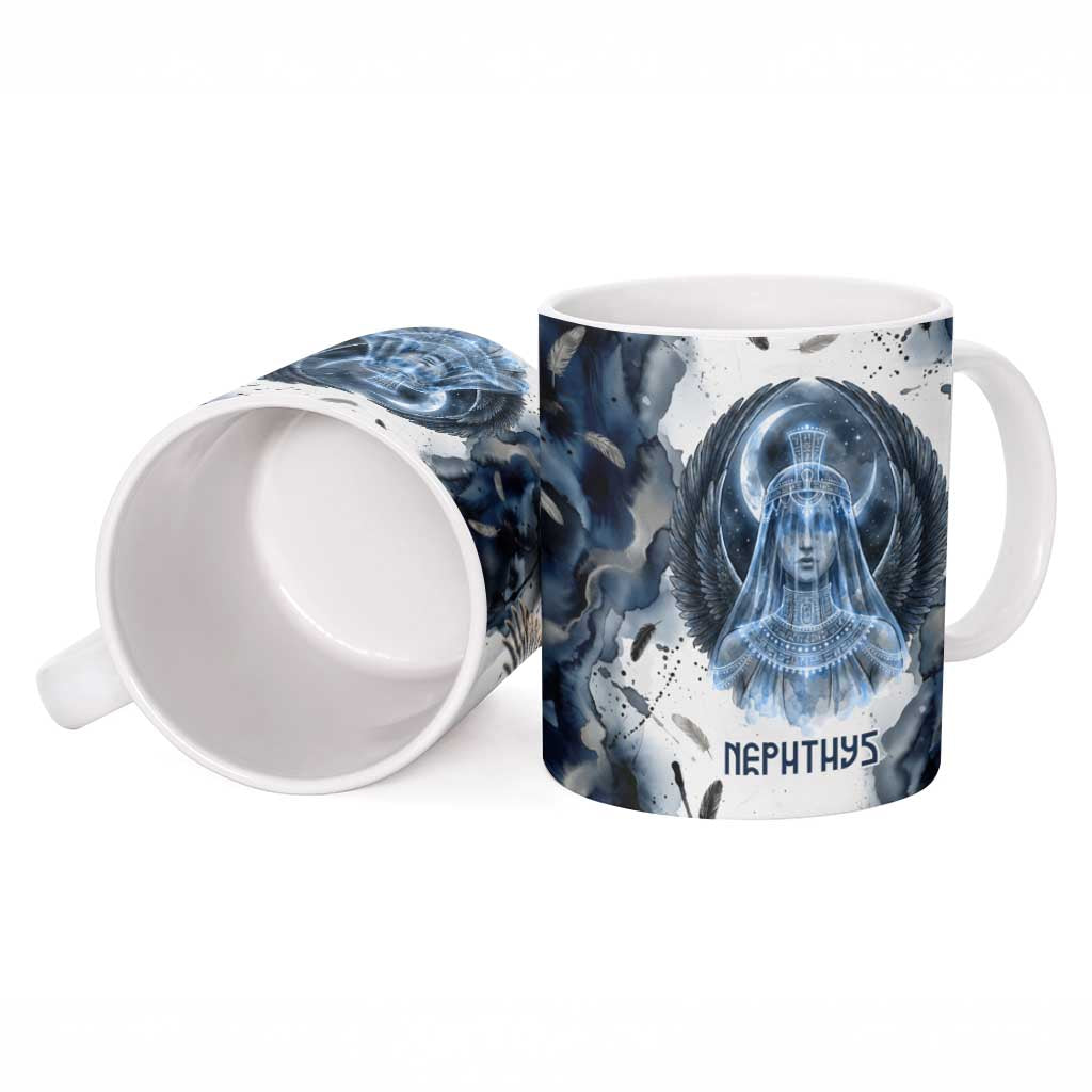 Nephthys Egyptian Ceramic Mug The Dark Sister Falcon Wings Moon Veil