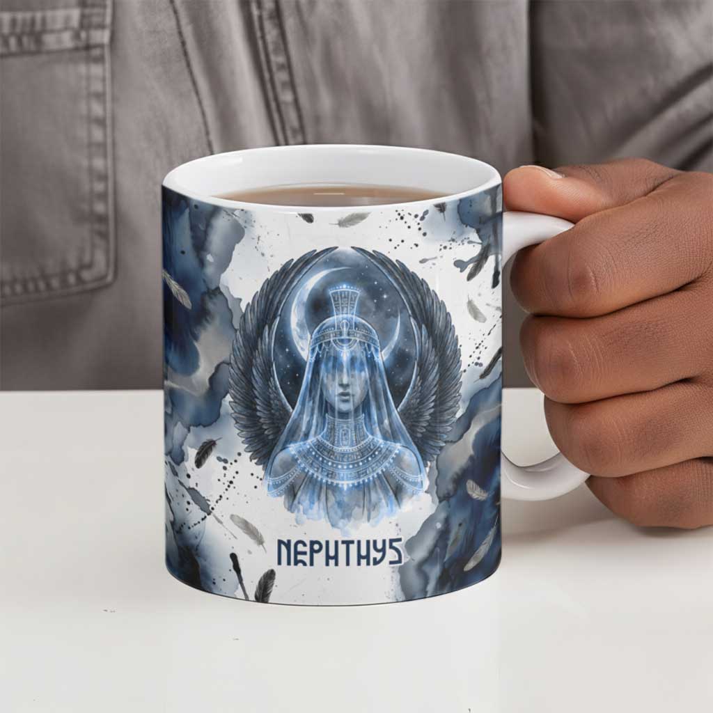 Nephthys Egyptian Ceramic Mug The Dark Sister Falcon Wings Moon Veil