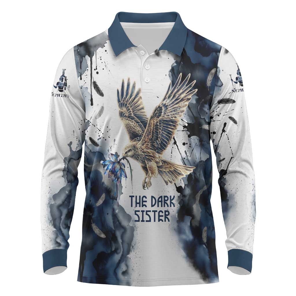 Nephthys Egyptian Long Sleeve Polo Shirt The Dark Sister Falcon Wings Moon Veil