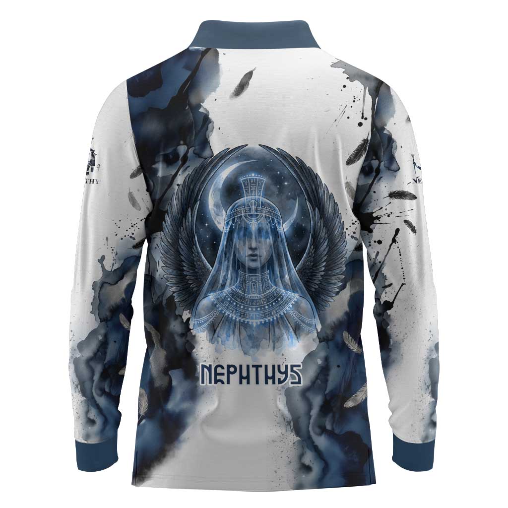 Nephthys Egyptian Long Sleeve Polo Shirt The Dark Sister Falcon Wings Moon Veil