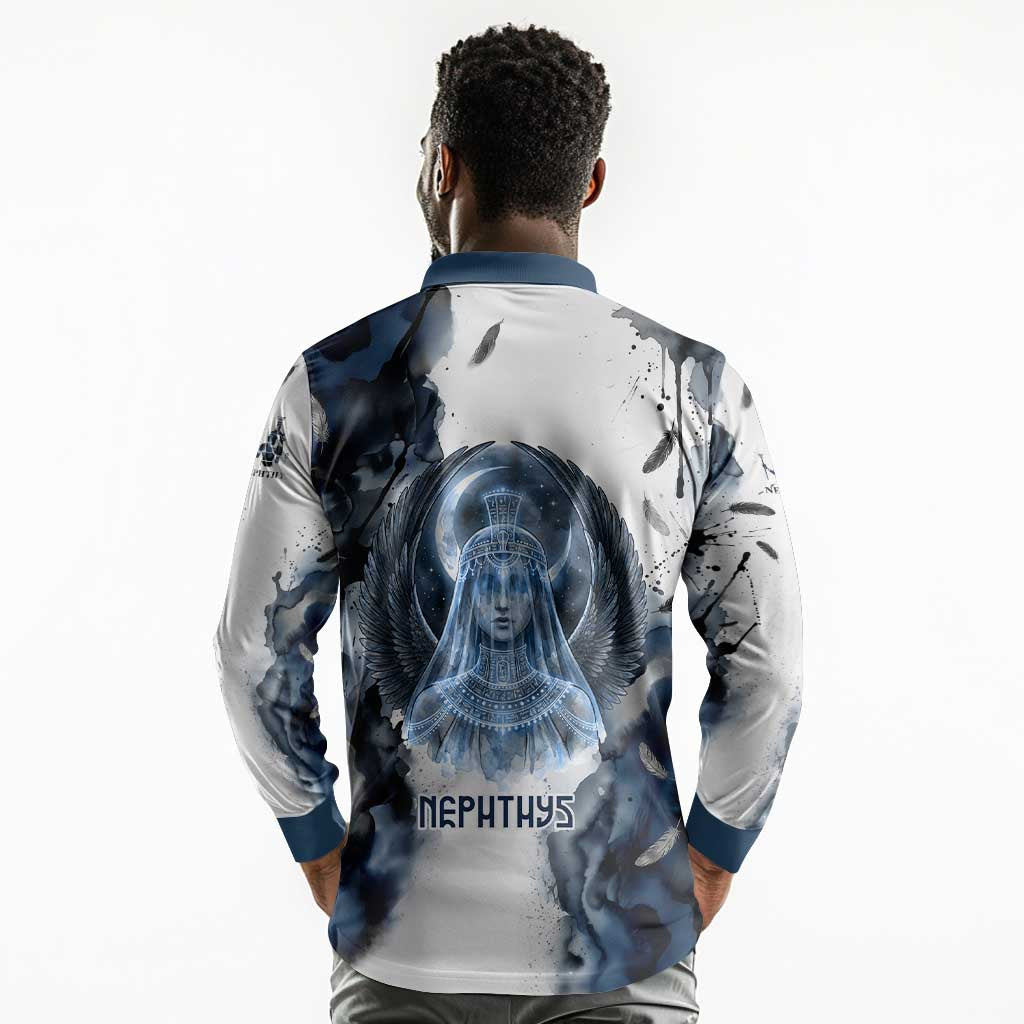Nephthys Egyptian Long Sleeve Polo Shirt The Dark Sister Falcon Wings Moon Veil